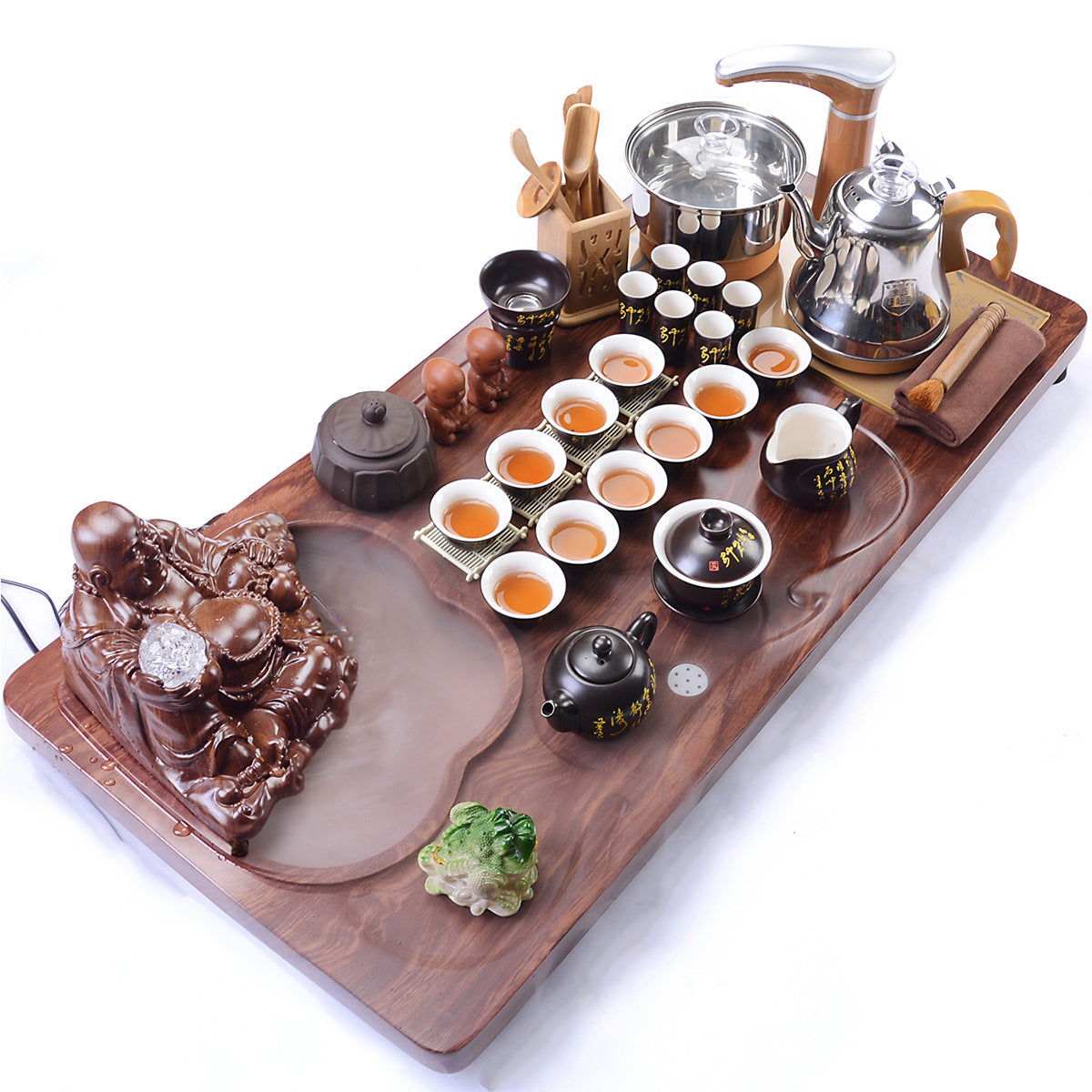 Elegant Maitreya Buddha tea set with induction cooker, perfect for tea brewing.