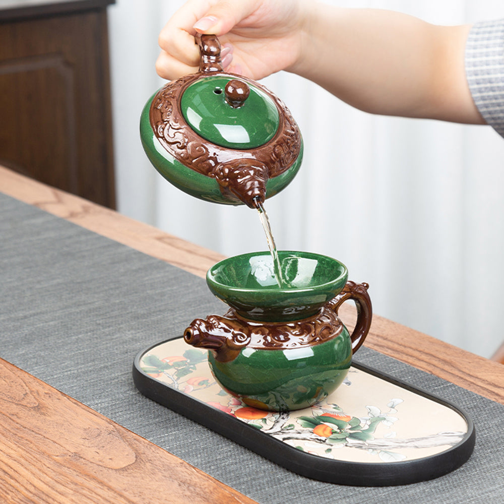 Elegant Green Ice Crack Kung Fu Tea Set with Dragon Tray from a side angle, showcasing intricate details and craftsmanship.