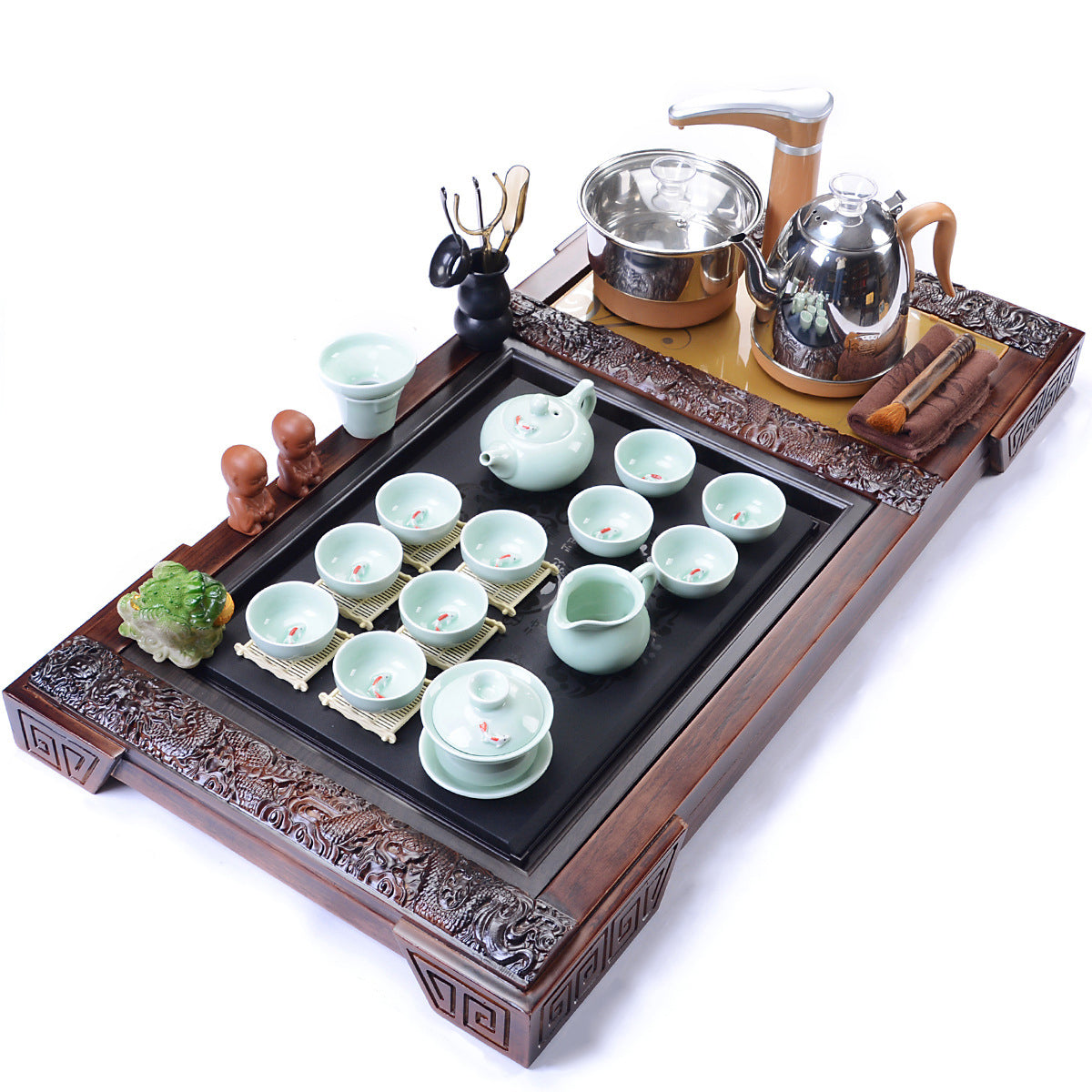 Close-up of Jade Porcelain Fish Tea Set with intricate fish pattern and ceramic heat-insulating tray