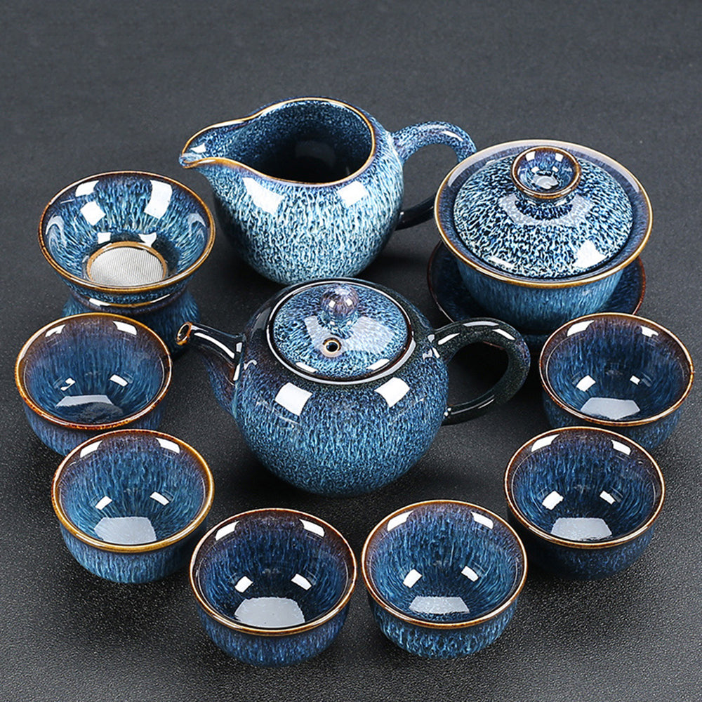 A serene tea setup featuring the Tenmoku tea set with cups arranged for a perfect tea experience.