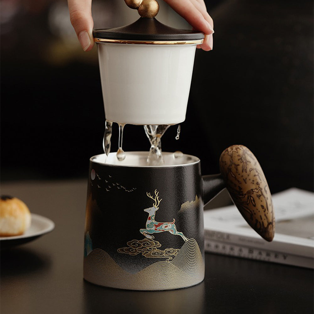 Tea brewing with this luxury ceramic tea cup with infuser, showcasing its beautiful design