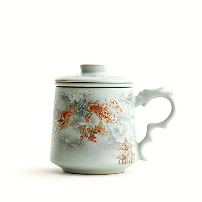 Elegant Chinese dragon tea cup with infuser and lid showcasing traditional Ru kiln craftsmanship