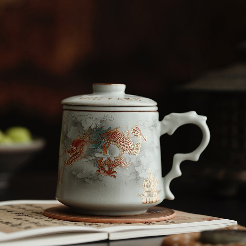 Detailed view of the crackle glaze and dragon handle on this luxury porcelain tea cup