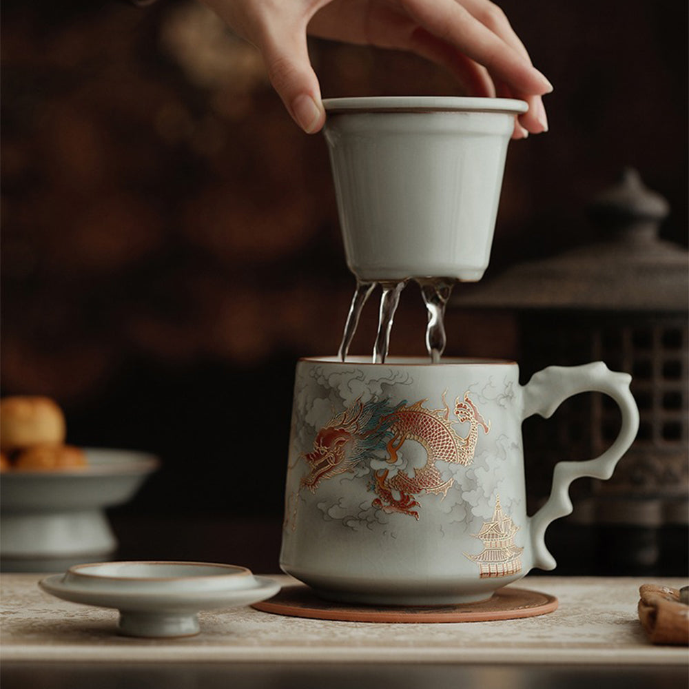 Elegant Chinese dragon tea cup with infuser and lid showcasing traditional Ru kiln craftsmanship