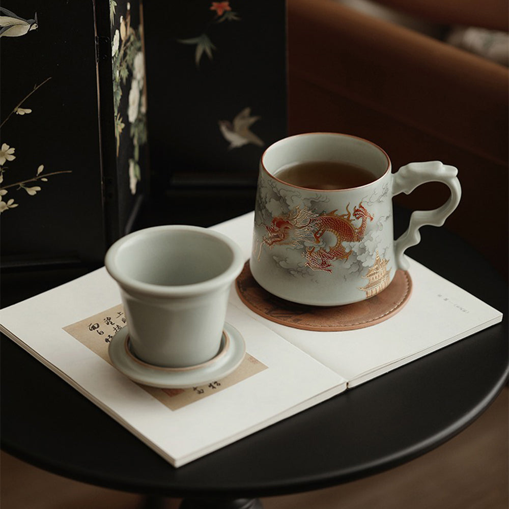 Detailed view of the crackle glaze and dragon handle on this luxury porcelain tea cup