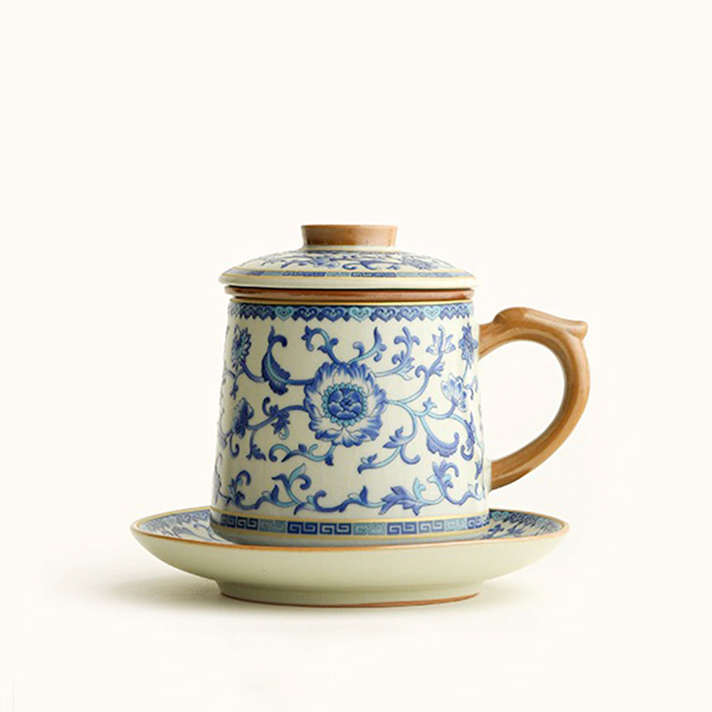 Close-up of blue and white Ru kiln porcelain tea cup with lotus pattern, showing intricate design detail