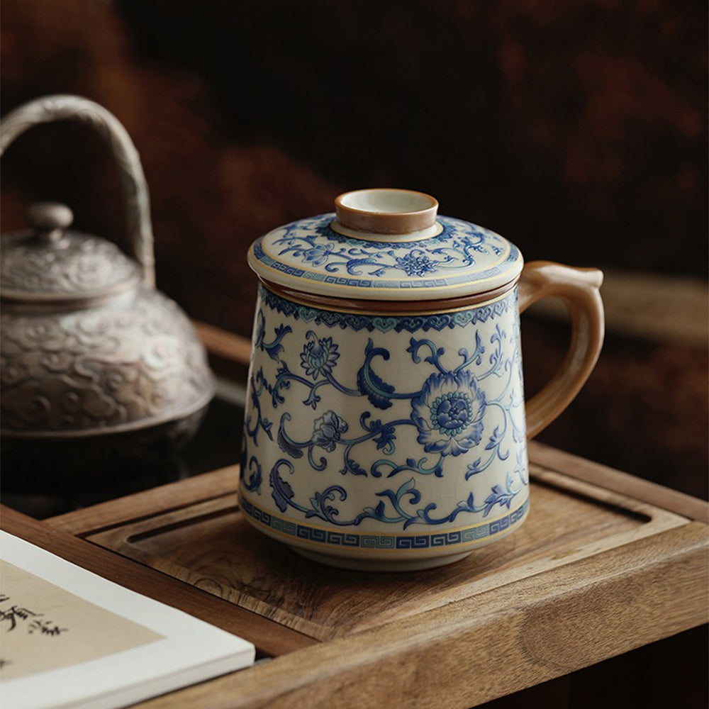 Tea brewing scene with the blue and white ceramic tea cup and matching saucer