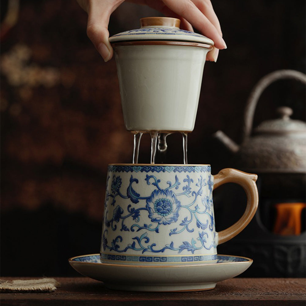 Close-up of blue and white Ru kiln porcelain tea cup with lotus pattern, showing intricate design detail