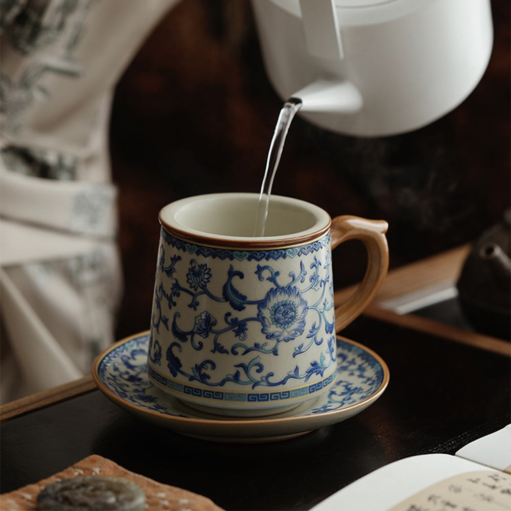 Tea brewing scene with the blue and white ceramic tea cup and matching saucer