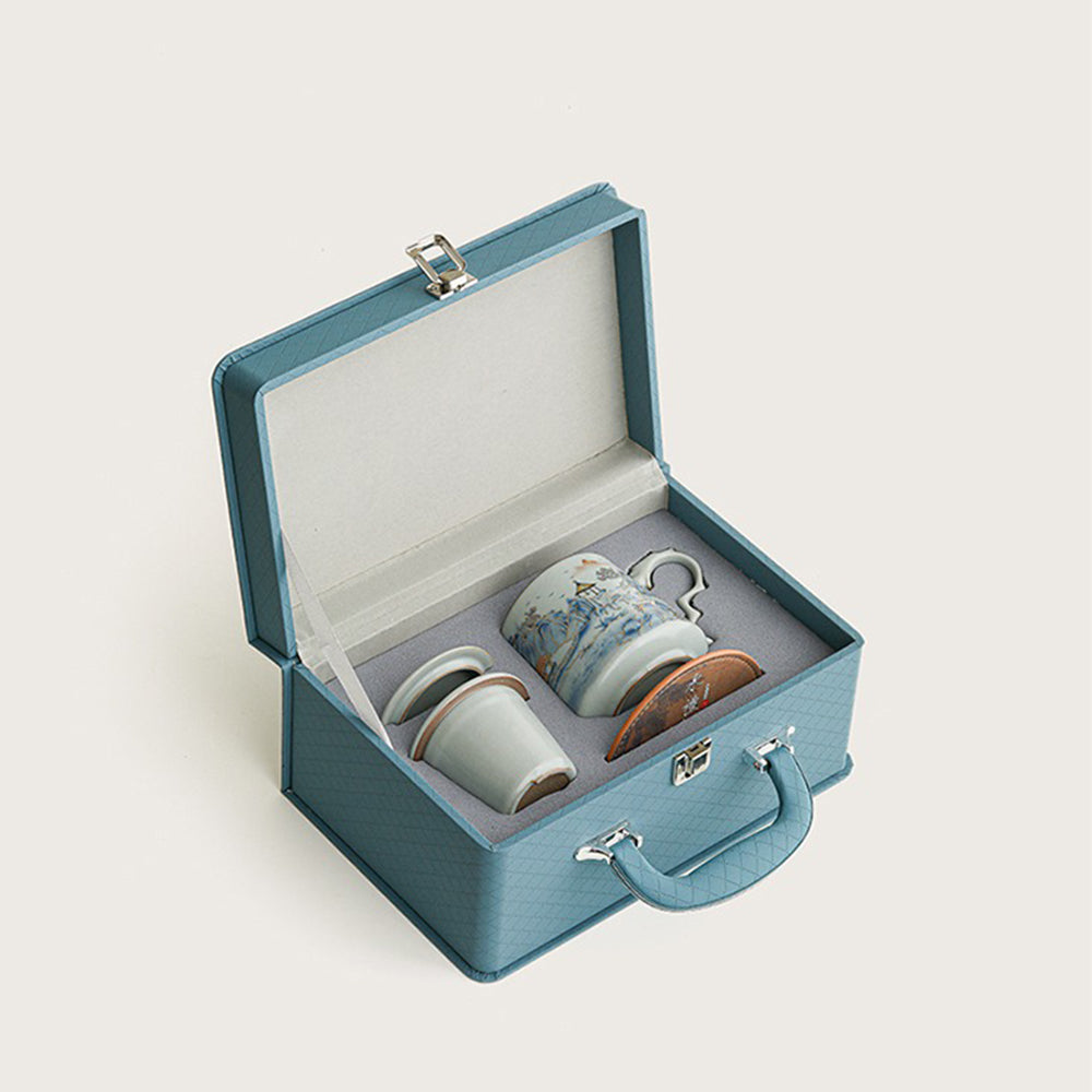 Side view of the porcelain tea cup with a comfortable ergonomic handle and fitting lid, ideal for Chinese tea lovers