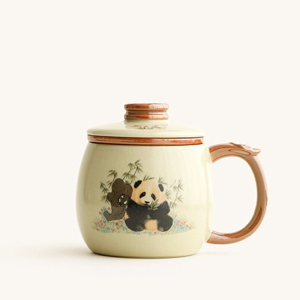Ruyao panda tea cup with infuser showcasing its delicate crackle texture and lid.