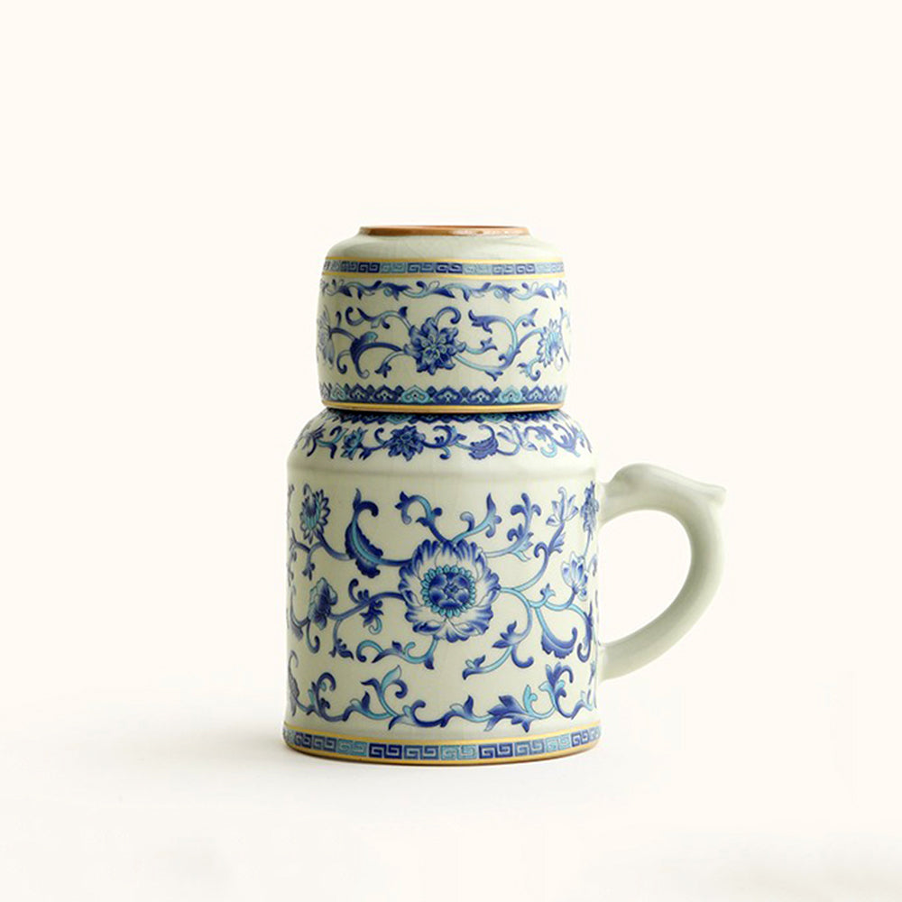 Elegant Ru kiln porcelain tea cup with twisted floral design, perfect for gifting.