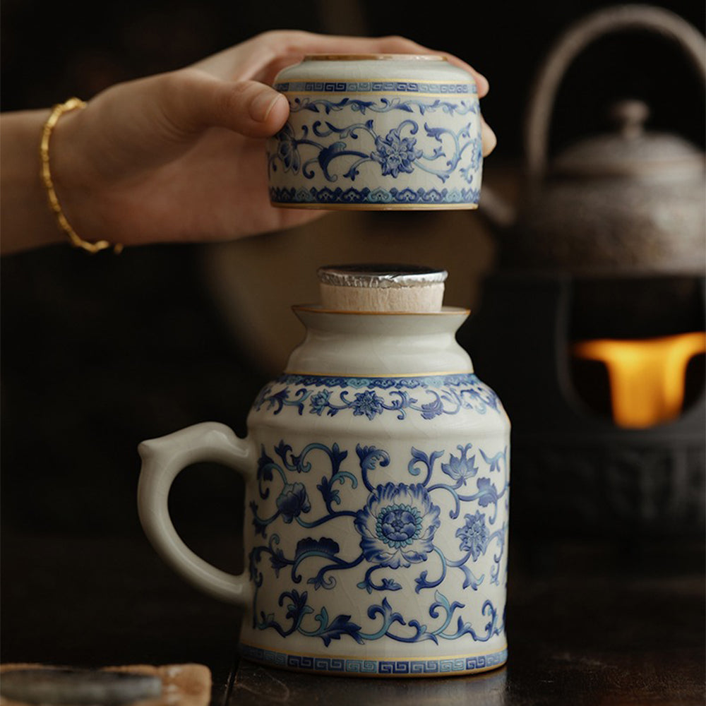 Elegant Ru kiln porcelain tea cup with twisted floral design, perfect for gifting.