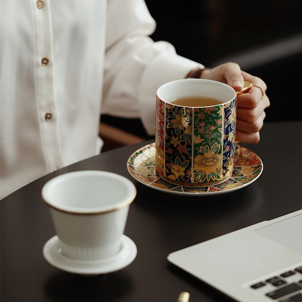 Tea set with floral design, lid, and saucer, showcasing intricate patterns and luxurious finish