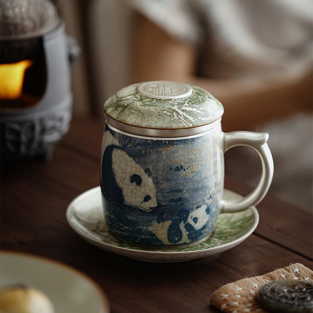 Set of panda and bamboo tea cup with matching saucer and gift box