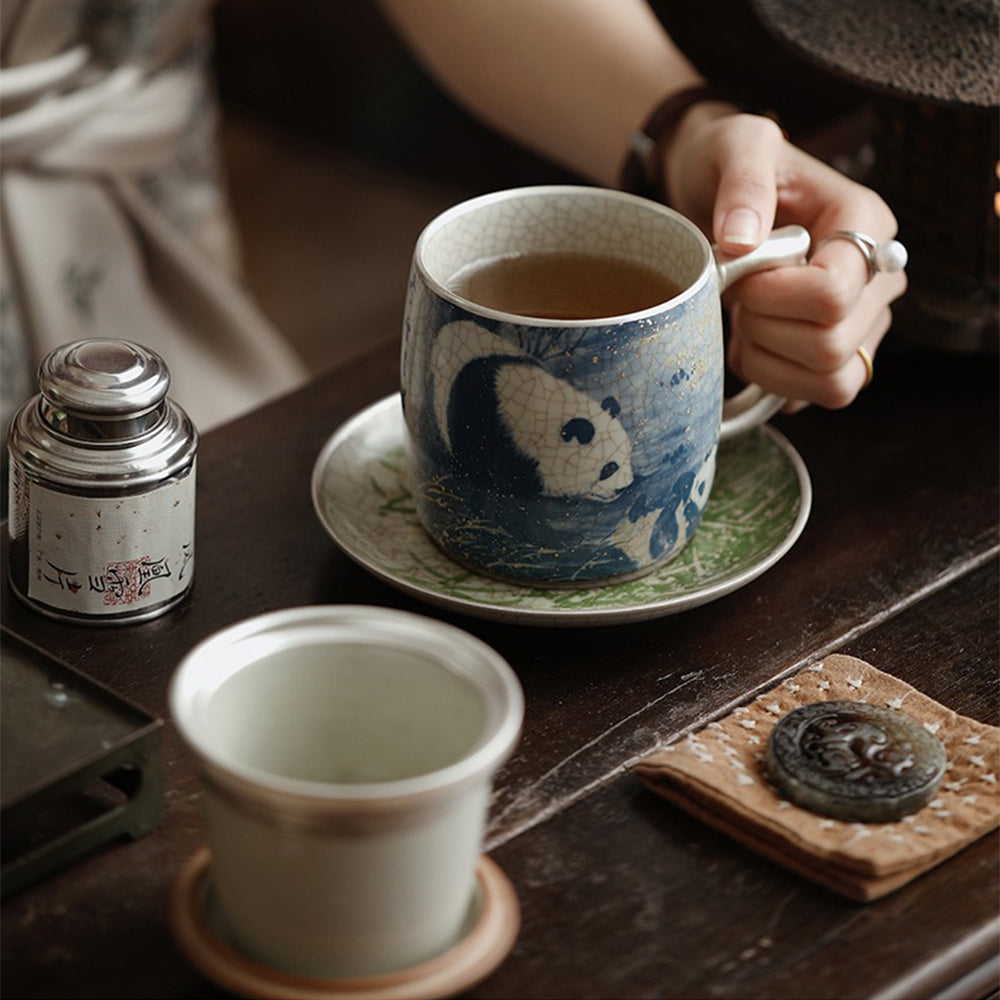 Set of panda and bamboo tea cup with matching saucer and gift box