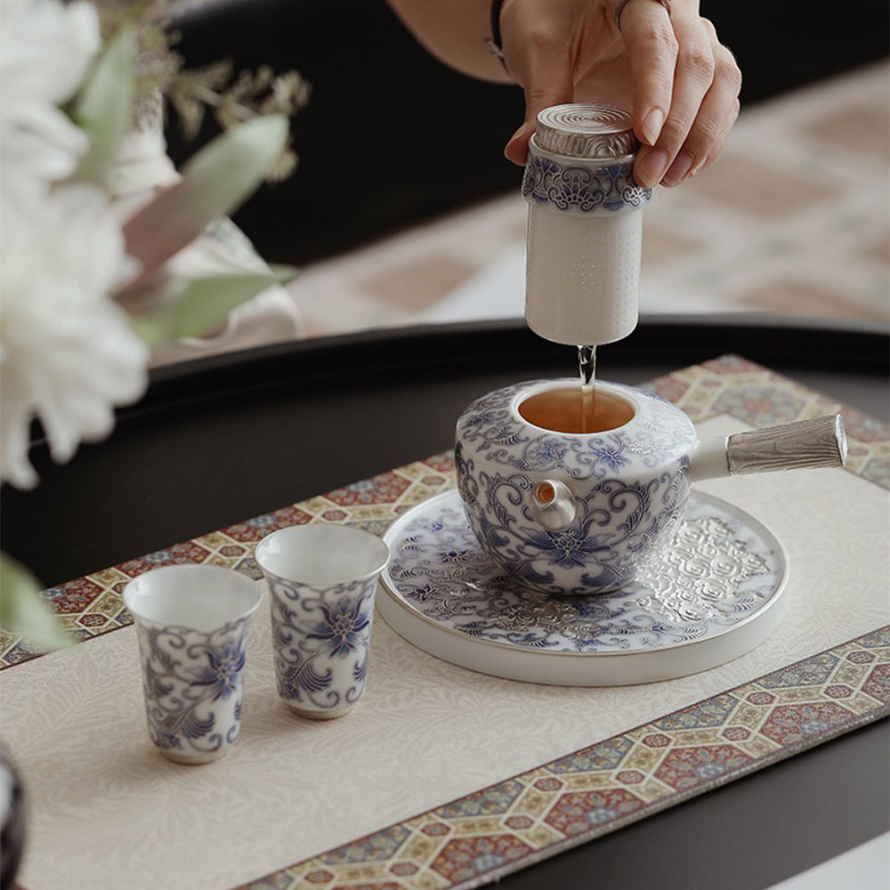 Close-up of the blue and white twined pattern on a luxury Chinese porcelain teapot