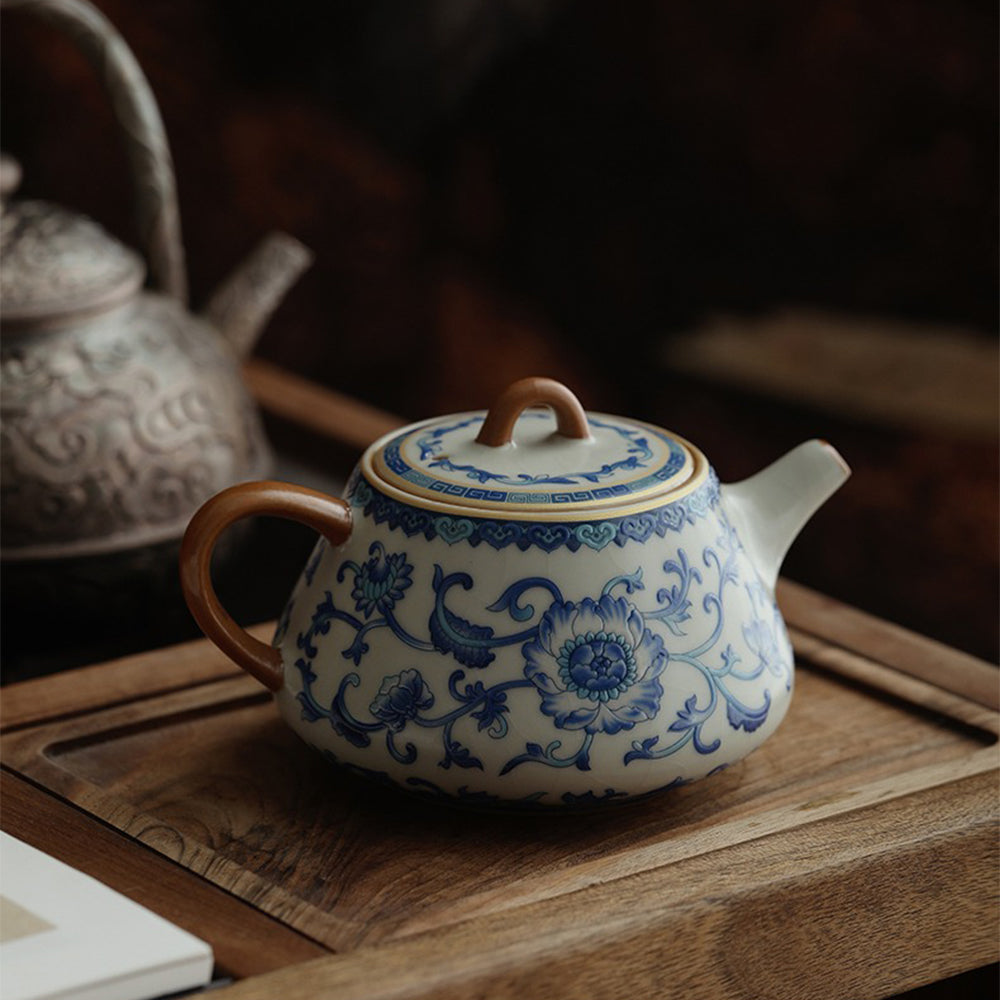 Close-up view of the smooth, crackled glaze of the Ruyao porcelain teapot.