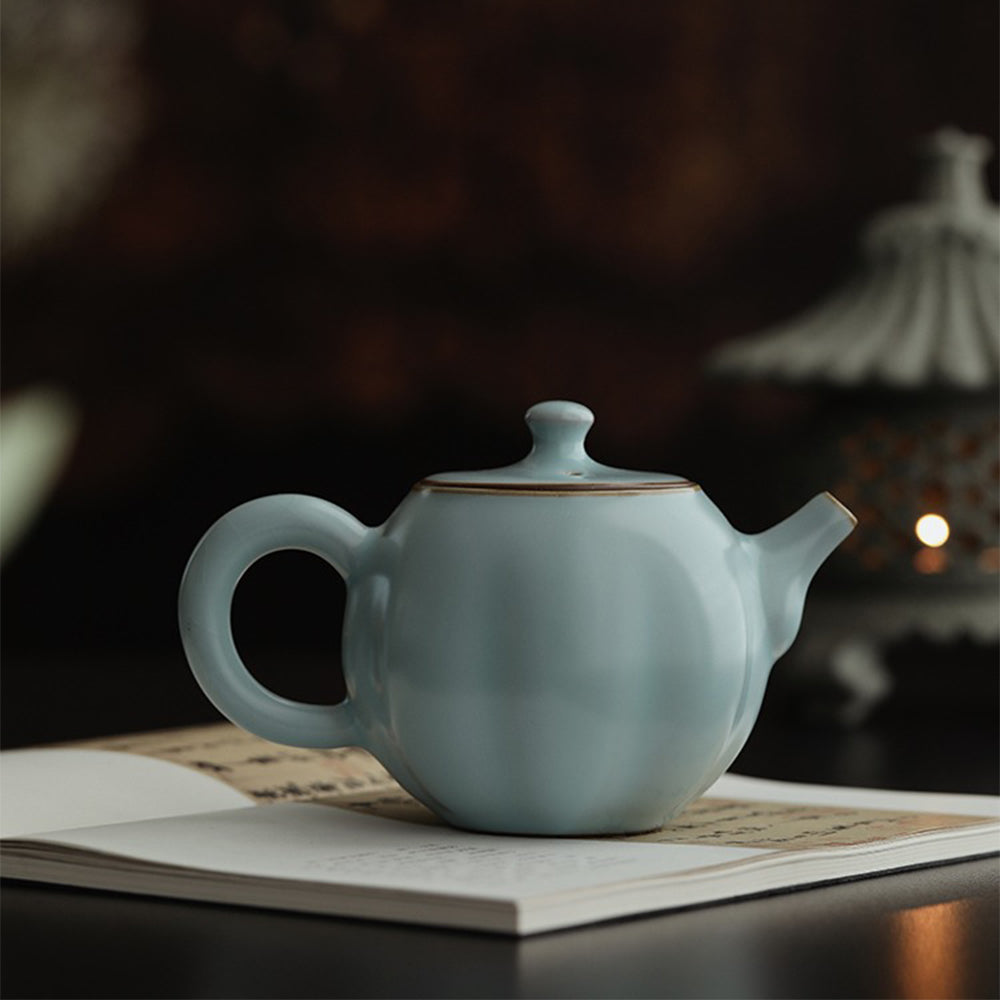 Close-up of crackle texture on Ruyao porcelain teapot for tea enthusiasts