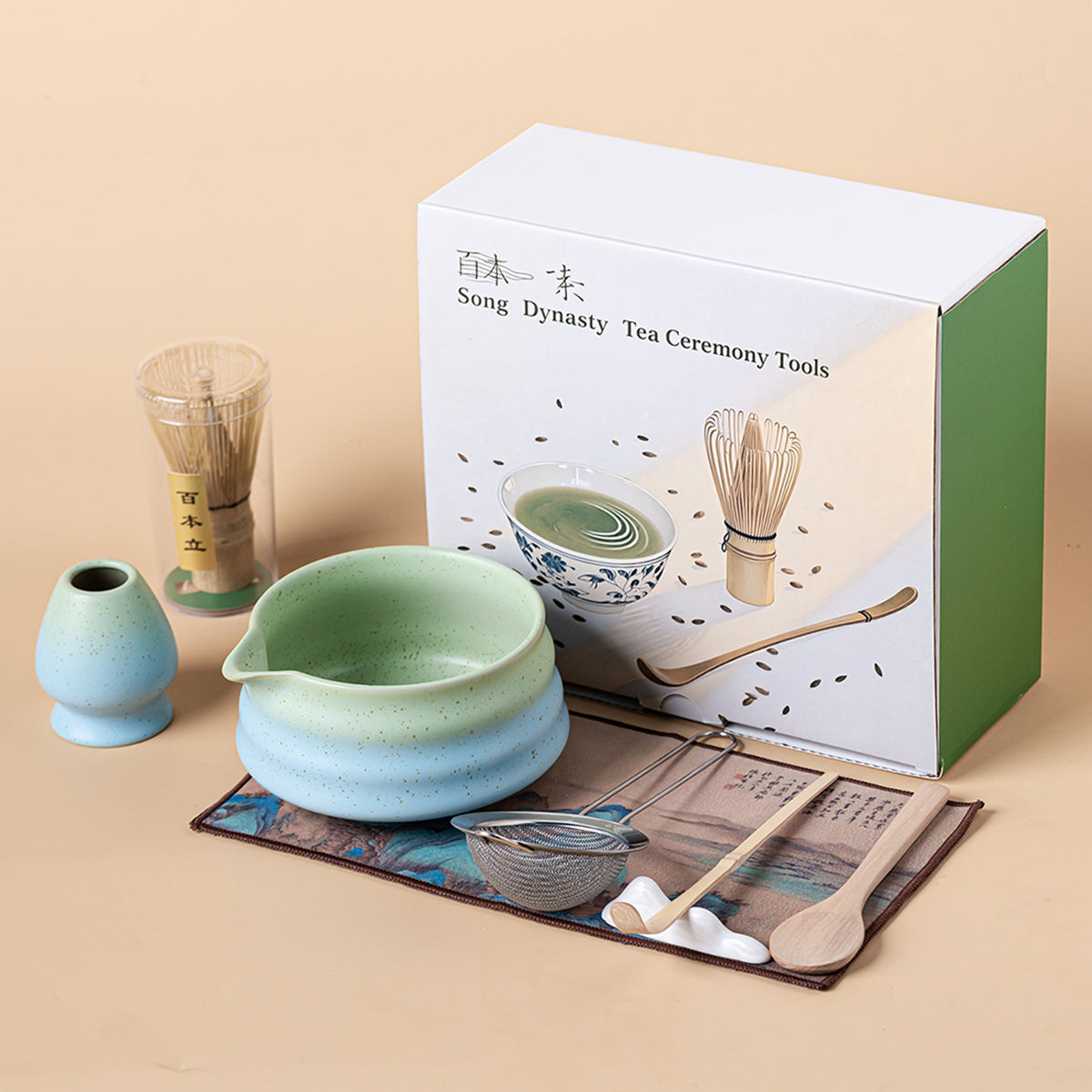 High-quality ceramic matcha bowl showcasing a beautiful blue and green gradient design.