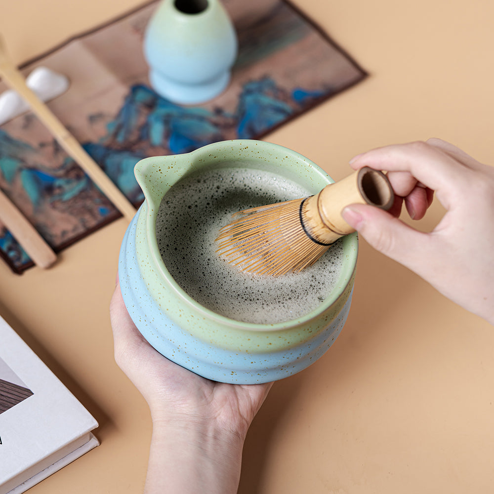 High-quality ceramic matcha bowl showcasing a beautiful blue and green gradient design.
