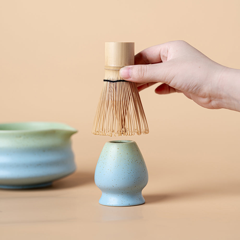 Complete Japanese matcha tea set with all accessories beautifully arranged.