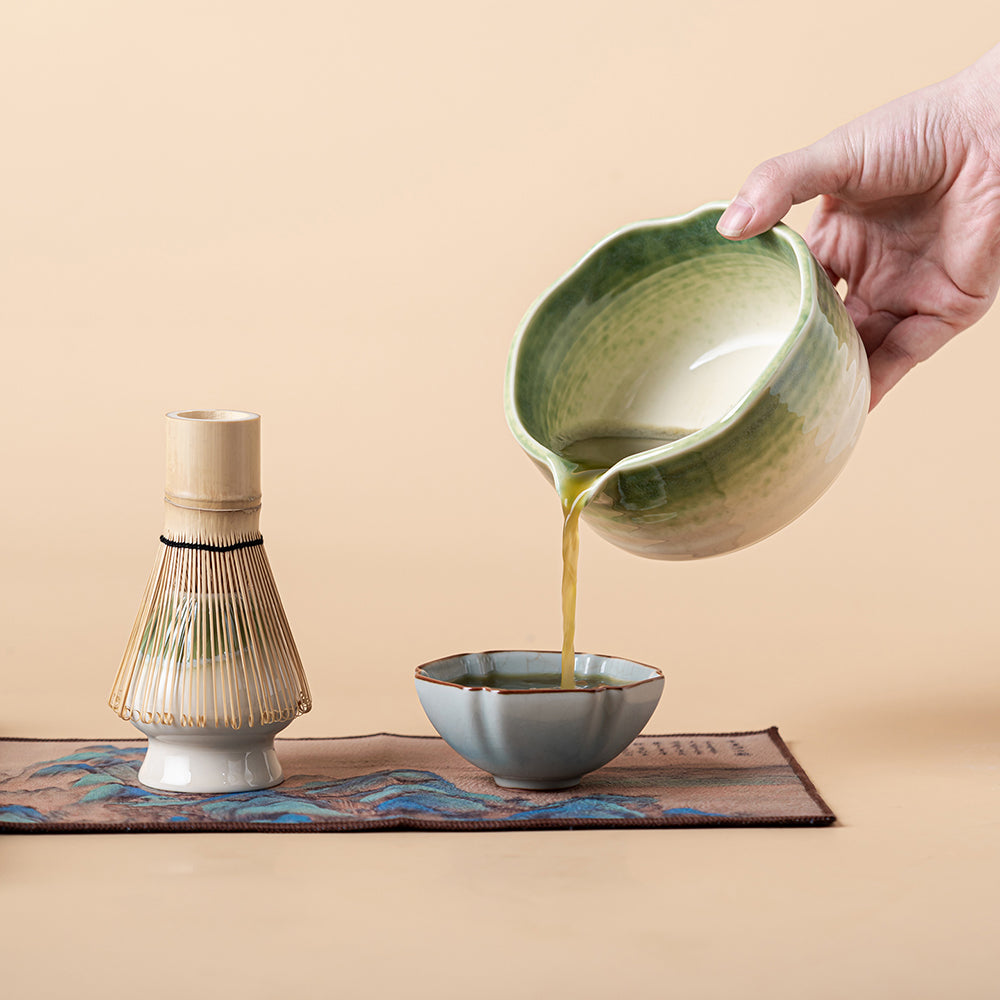 Wide angle view of the Japanese matcha tea set on a wooden table