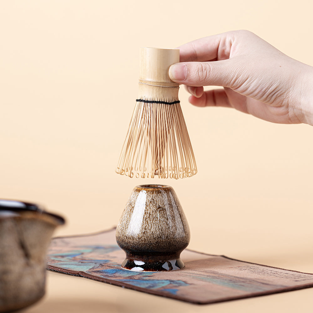 Complete Japanese matcha tea set arranged on a wooden table