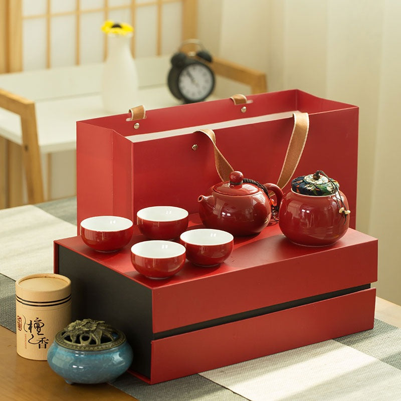 Elegant Chinese Red Tea Set displayed with gift box, showcasing craftsmanship.
