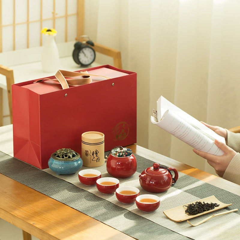 Complete view of the Chinese Red Tea Set with all accessories included in the gift box.