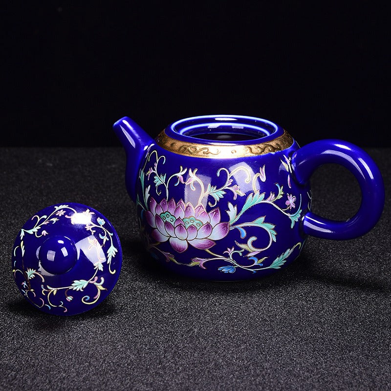 Elegant porcelain tea set with hand-painted enamel designs and tea cups