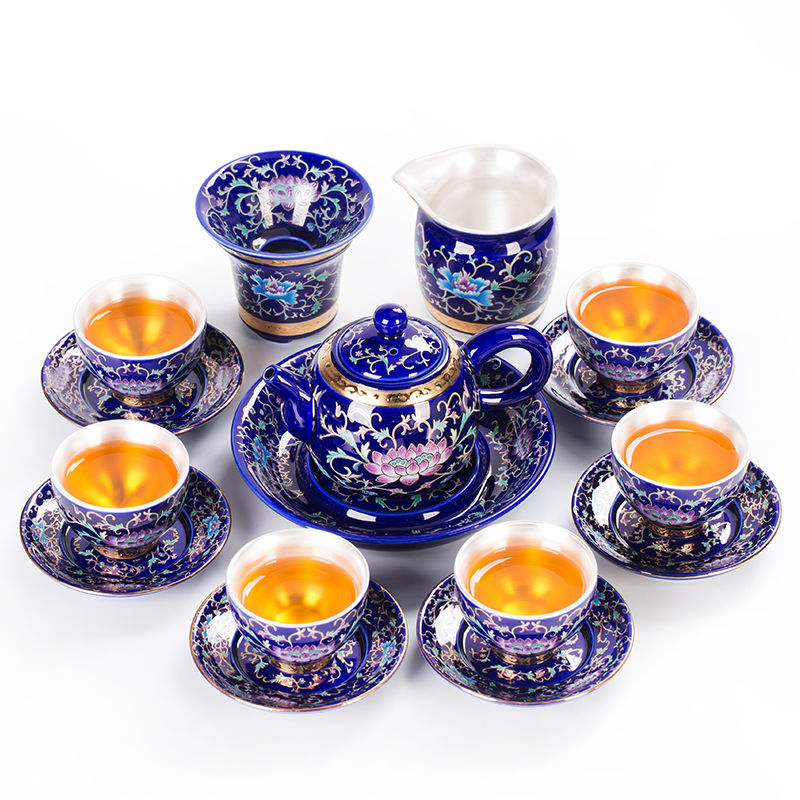 Jingdezhen premium enamel tea set showcasing floral patterns and sterling silver interior