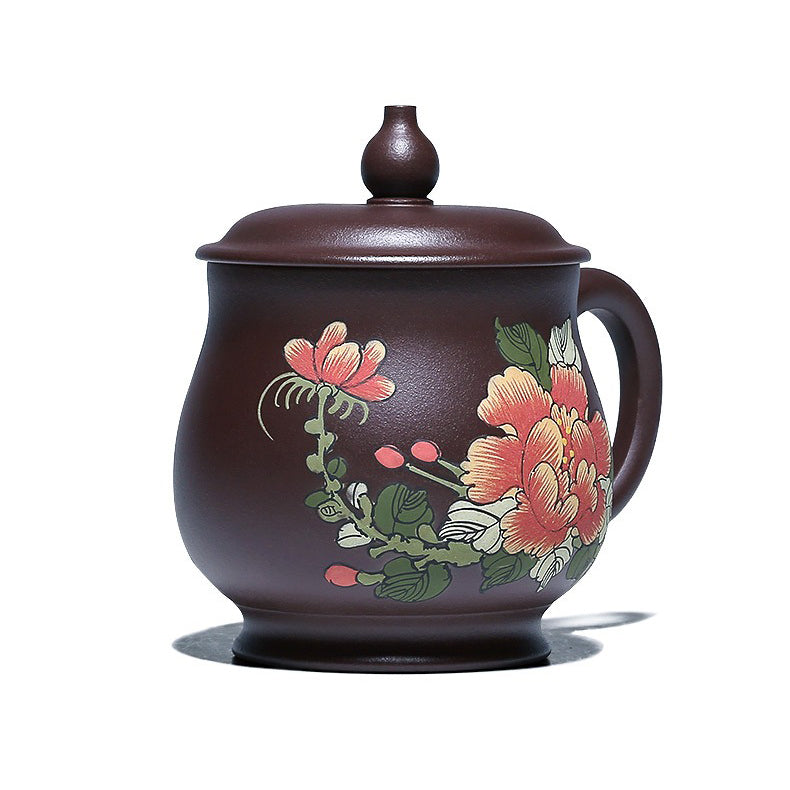 Side view of Yixing purple clay teacup with gourd-shaped lid, highlighting craftsmanship