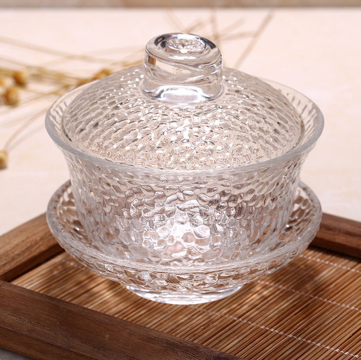 Close-up of the glass gaiwan showcasing its intricate design and capacity.