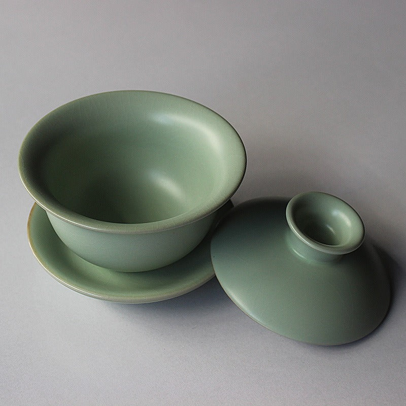 Front view of premium Ru Kiln Gaiwan displaying traditional craftsmanship