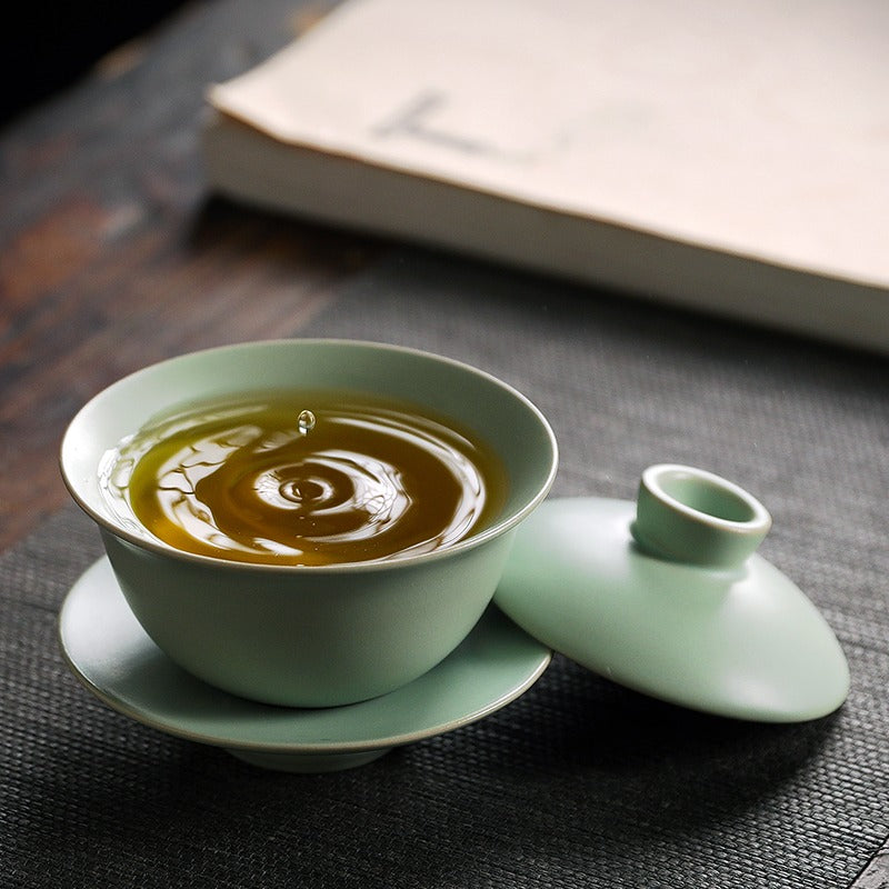 Front view of premium Ru Kiln Gaiwan displaying traditional craftsmanship