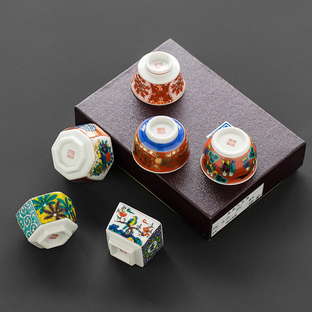 Close-up of a hand-painted Kutani tea cup showcasing unique design and craftsmanship.