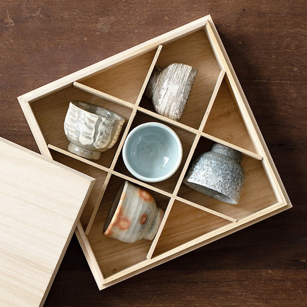 Full view of the 5-piece Wango-yaki tea cup set elegantly displayed in its wooden box.
