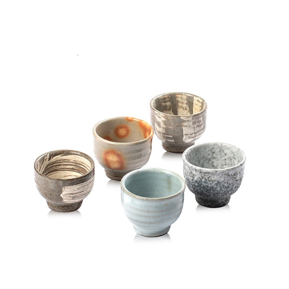 Full view of the 5-piece Wango-yaki tea cup set elegantly displayed in its wooden box.