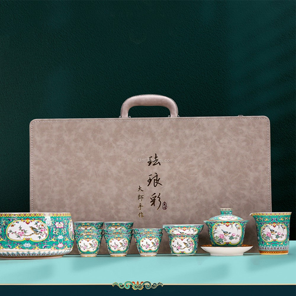Elegant Enamel Porcelain Tea Set showcasing traditional flower patterns from a side angle.