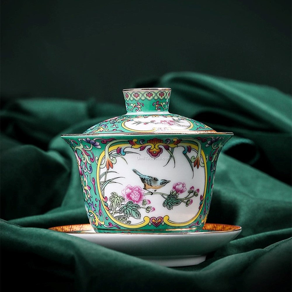 Traditional flower pattern tea set in use during an afternoon tea ceremony.