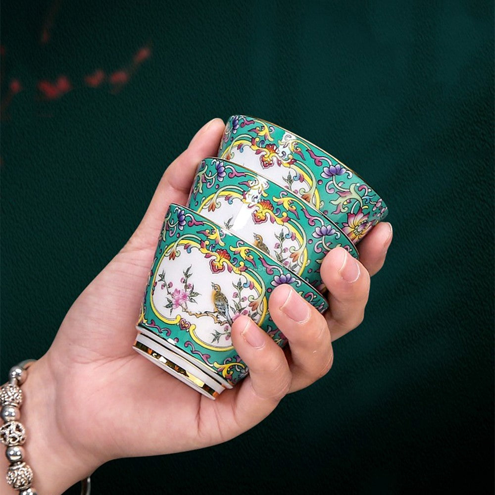 Elegant Enamel Porcelain Tea Set showcasing traditional flower patterns from a side angle.