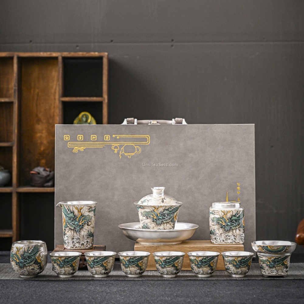 Full view of traditional Chinese tea set with dragon motifs