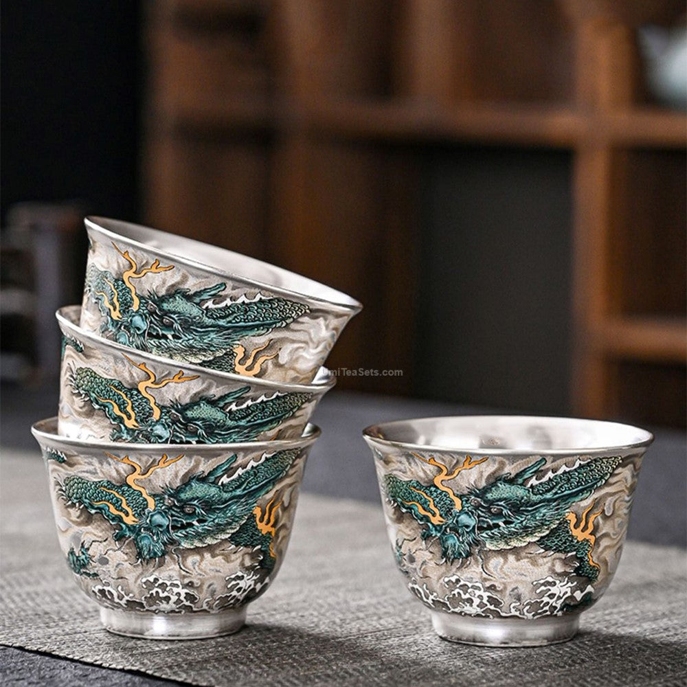 Full view of traditional Chinese tea set with dragon motifs