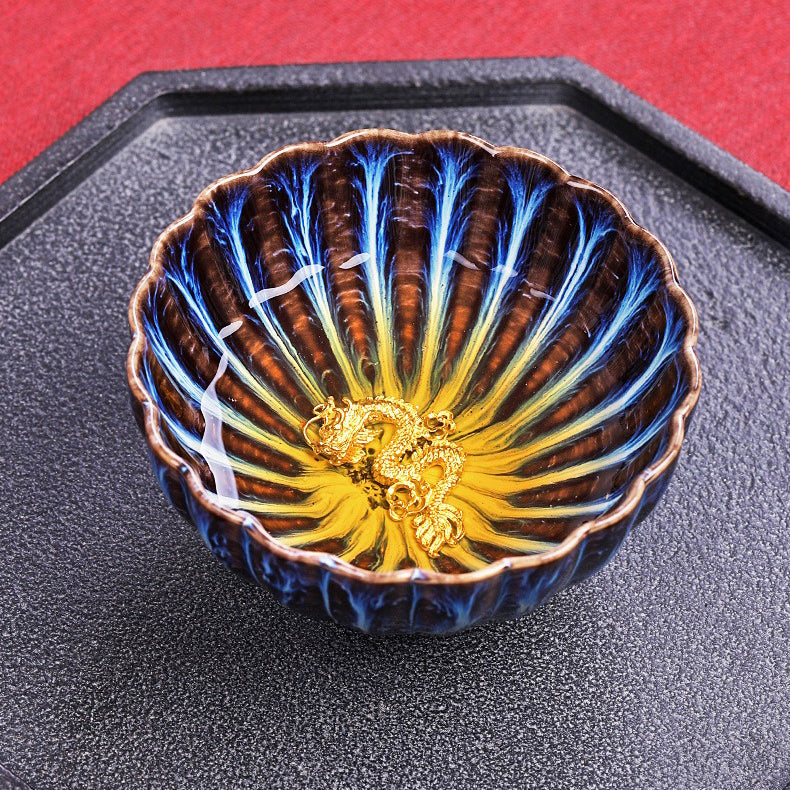 Side view of a blue jianzhan tea cup with silver inner lining, ideal for Gongfu tea brewing