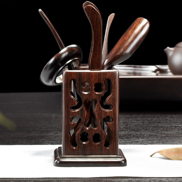 Elegant Black Hollow tea utensil set displayed with wooden container, showcasing all six tools for Gong Fu ceremony.