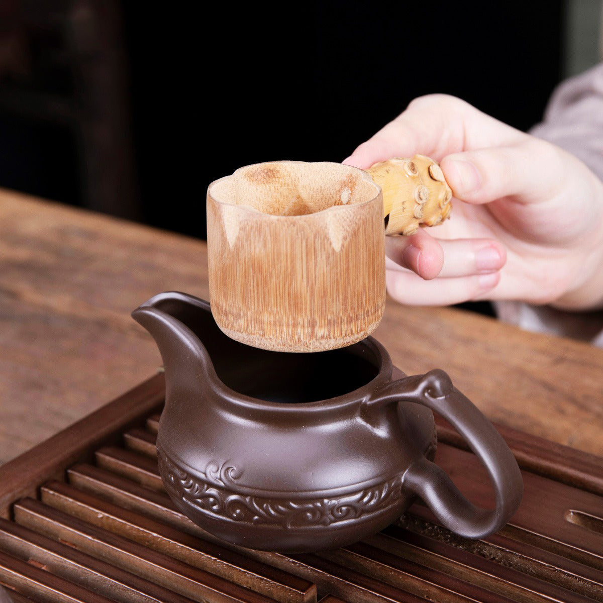 Close-up of the bamboo tea strainer showcasing its intricate design and craftsmanship.