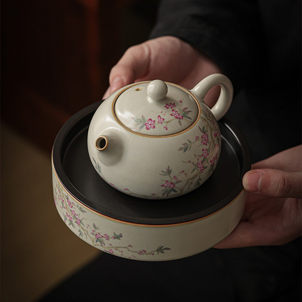 Complete set of the Peach Blossom Ru Yao Kung Fu Tea Set arranged for a traditional tea ceremony, emphasizing its luxurious appeal.