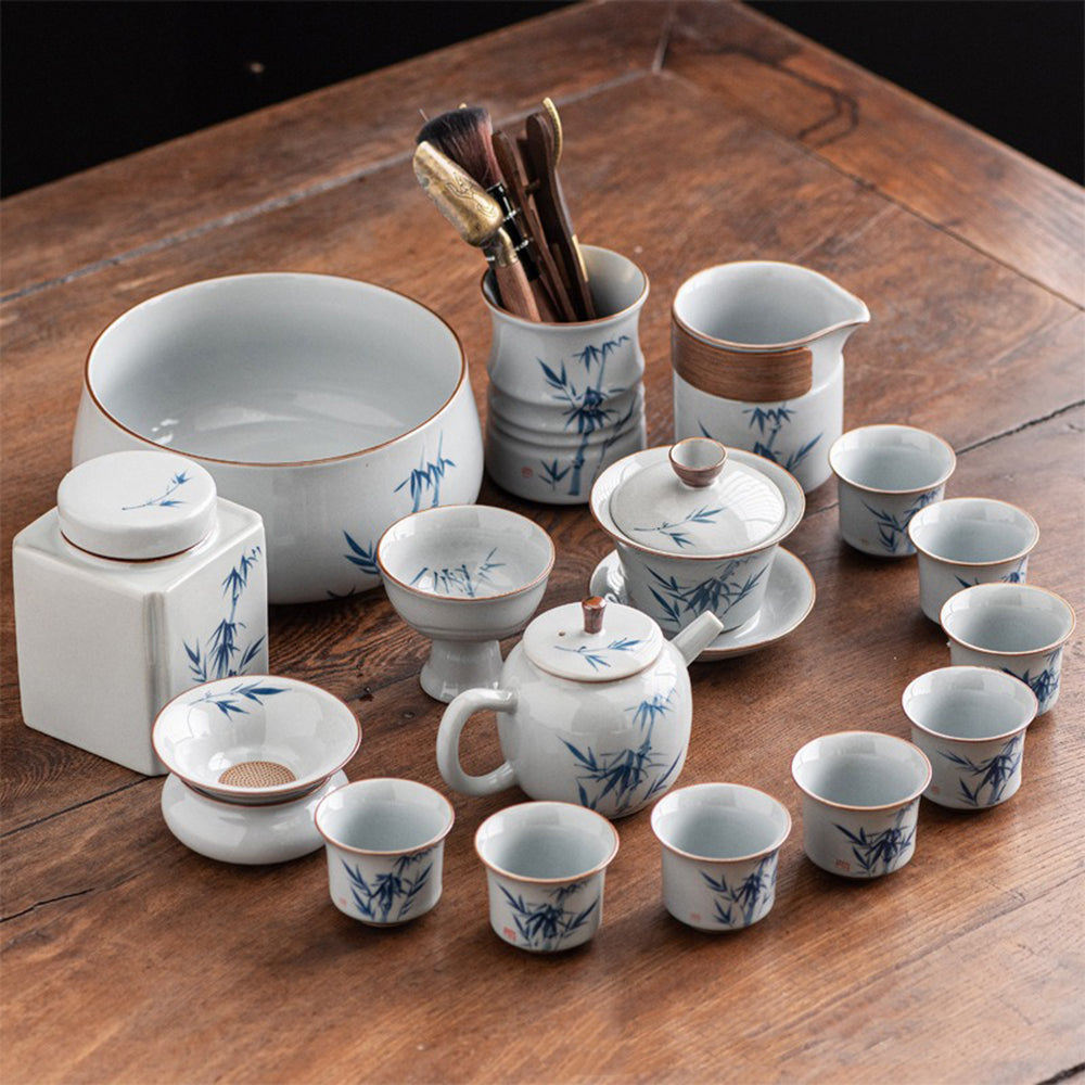 Close-up of hand-painted bamboo patterns on the Chinese kung fu tea set