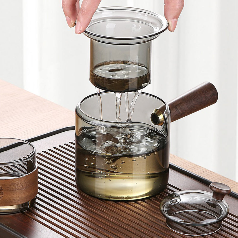 Full view of the smoke-gray glass tea set arranged on a tray